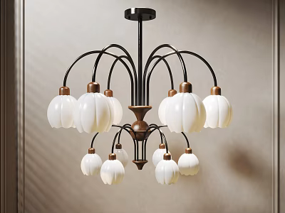 Elegant Chandelier With Multiple Flower Shaped White Lampshades And Black Bronze Metal Frame 3d model