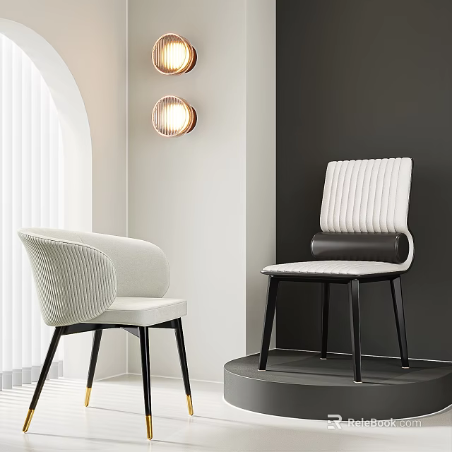 Stylish Leisure Chairs with Ribbed Backrest Curved Design Ivory White Black Upholstered in Modern Interior 3d model 