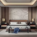 Elegant Modern Bedroom Interior Design With Bed Nightstands Table Lamps Wooden Walls And Decorative Mural