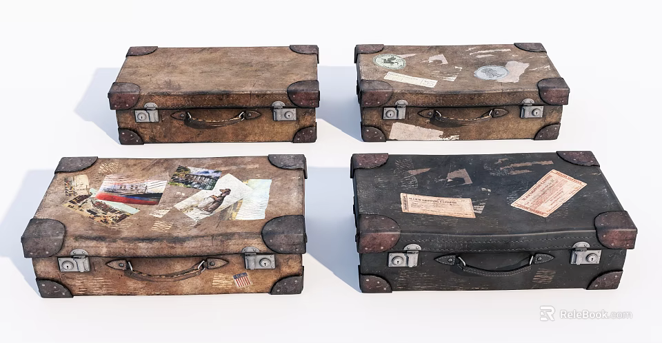 Vintage Suitcases With Travel Stickers Worn Leather And Various Colors 3d model 