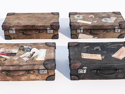 Vintage Suitcases With Travel Stickers Worn Leather And Various Colors 3d model