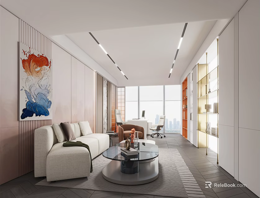 Modern Office Interior Design With Sofa Coffee Table Desk Chair Artwork And Large Windows 3d model