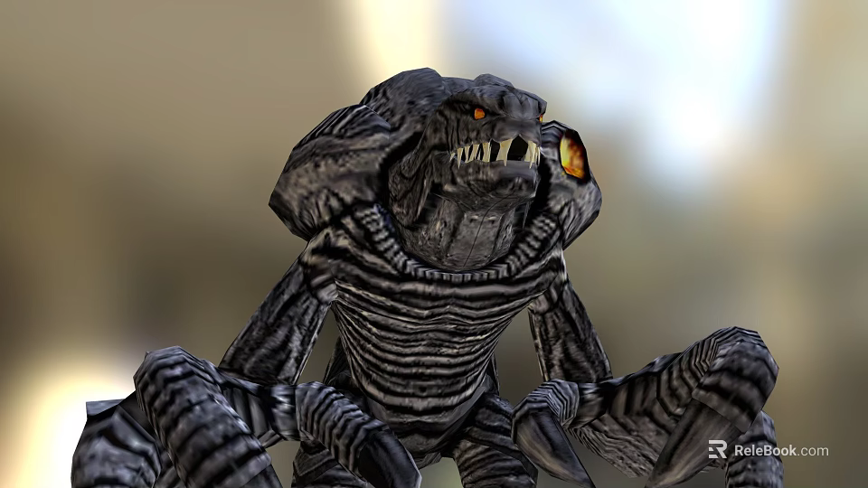Game Movie Monster Character With Armored Head And Glowing Yellow Eyes Striped Body 3d model 