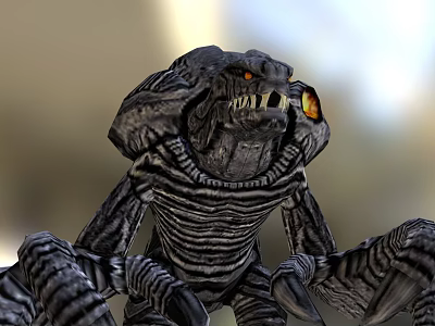 Game Movie Monster Character With Armored Head And Glowing Yellow Eyes Striped Body 3d model