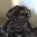 Game Movie Monster Character With Armored Head And Glowing Yellow Eyes Striped Body