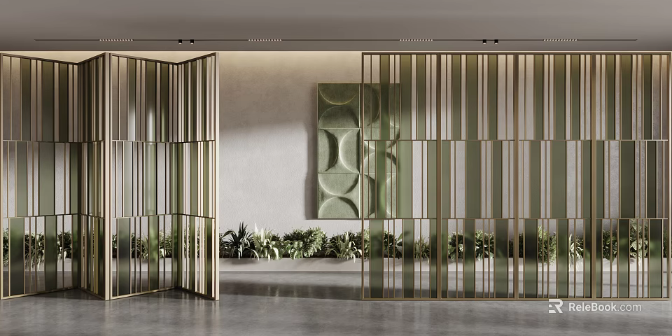 Modern Screen With Golden Vertical Strips Green Textured Panel And Potted Plants In Modern Interior 3d model 