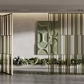 Modern Screen With Golden Vertical Strips Green Textured Panel And Potted Plants In Modern Interior