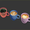 Three Cups of Coffee with Latte Art in Various Material Mugs on Dark Background