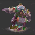 Armored Mythical Creature With Glowing Eyes Green Container Backpack And Yellow Liquid Base