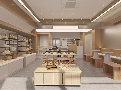Modern Dessert Shop Interior With Open Kitchen And Wooden Dessert Display Shelves 3d model