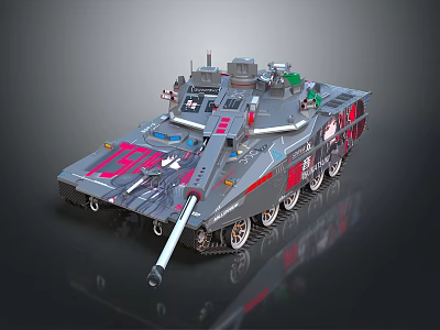 Armored Military Vehicle Tank With Cannon Red Markings And Tracks Design 3d model