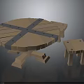 Round Wooden Table And Matching Stool With Cross Metal Straps And Solid Legs