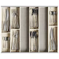 Stainless Steel Cutlery Set Organized in Wooden Drawer With Divided Compartments Knives Forks Spoons