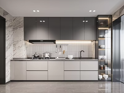 Modern Kitchen Interior With Gray And White Cabinets Marble Backsplash Countertop Appliances And Recessed Lighting 3d model