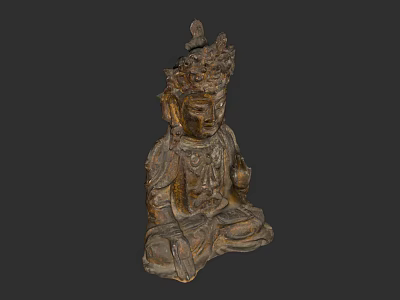 Ancient Bronze Buddha Sculpture Carving With Intricate Headdress And Seated Hand Gestures 3d model