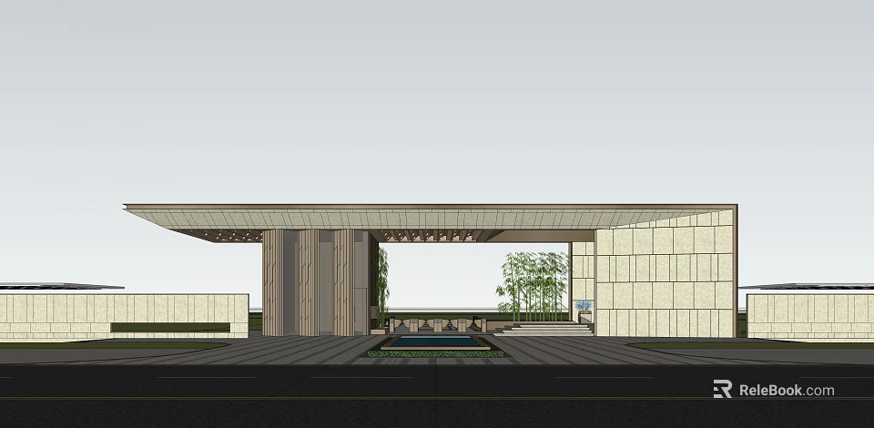 Modern Entrance Gate With Large Eave Stone Columns And Water Feature Greenery 3d model