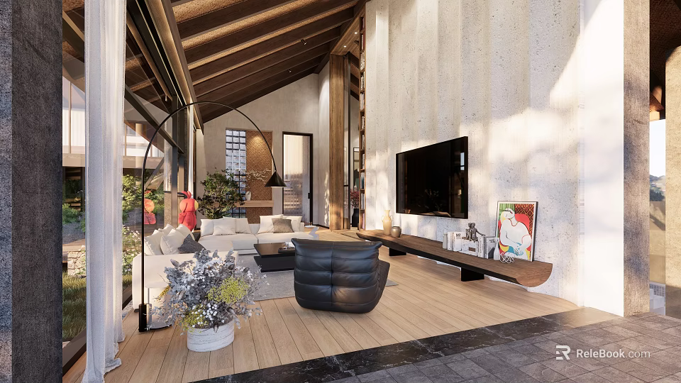Modern Living Room With Wooden Ceiling Concrete Walls Large TV Sofa And Black Armchair 3d model 