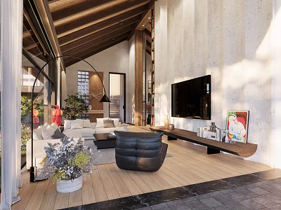 Modern Living Room With Wooden Ceiling Concrete Walls Large TV Sofa And Black Armchair 3d model