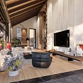 Modern Living Room With Wooden Ceiling Concrete Walls Large TV Sofa And Black Armchair