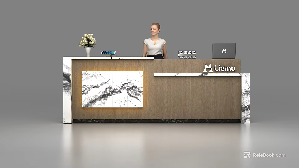 Modern Mianu Reception Desk with Wooden And Marble Texture Vase Tablet And Laptop On Counter 3d model 