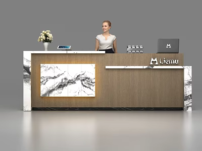 Modern Mianu Reception Desk with Wooden And Marble Texture Vase Tablet And Laptop On Counter 3d model