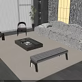 Modern Beige Sofa and Coffee Table Set with Bench Rug Patterned Wall and Potted Plant 3d model