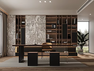 Modern Study Room Interior Design With Wooden Bookshelves Writing Desk Decorative Wall And Potted Plant 3d model