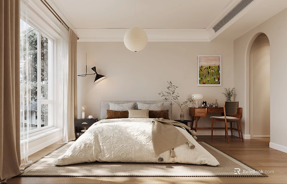 Modern Warm Bedroom With Cozy Bed White Curtains Round Pendant Light And Scenic Painting 3d model 
