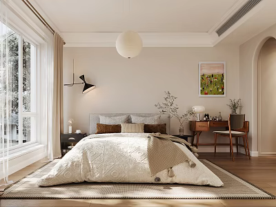 Modern Warm Bedroom With Cozy Bed White Curtains Round Pendant Light And Scenic Painting 3d model