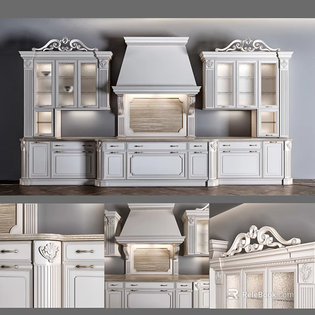 Classical White Kitchen Cabinets With Carved Details Glass Doors And Range Hood 3d model 