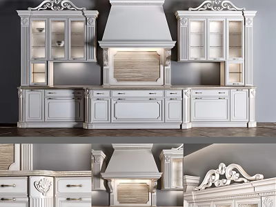 Classical White Kitchen Cabinets With Carved Details Glass Doors And Range Hood 3d model