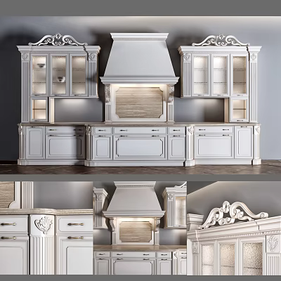 Classical White Kitchen Cabinets With Carved Details Glass Doors And Range Hood 3d model