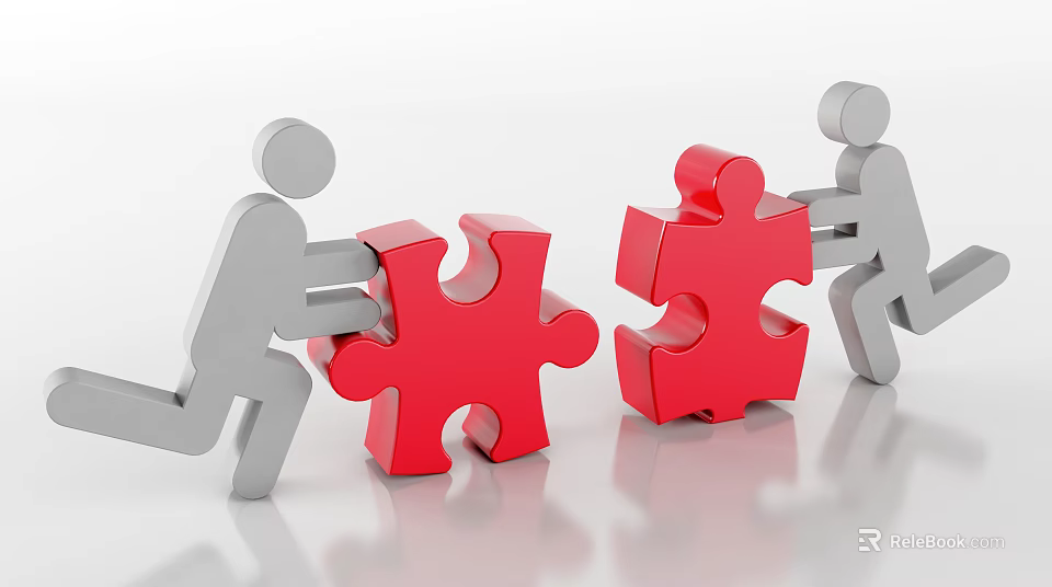 Gray Human Figures Pushing Red Puzzle Pieces To Connect Together 3d model