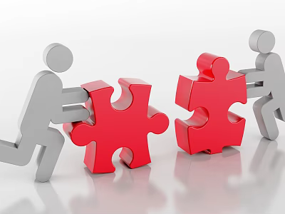 Gray Human Figures Pushing Red Puzzle Pieces To Connect Together 3d model