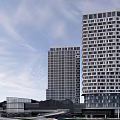 Modern High Rise Office Building With Glass Facade And Sky Bridge Connection