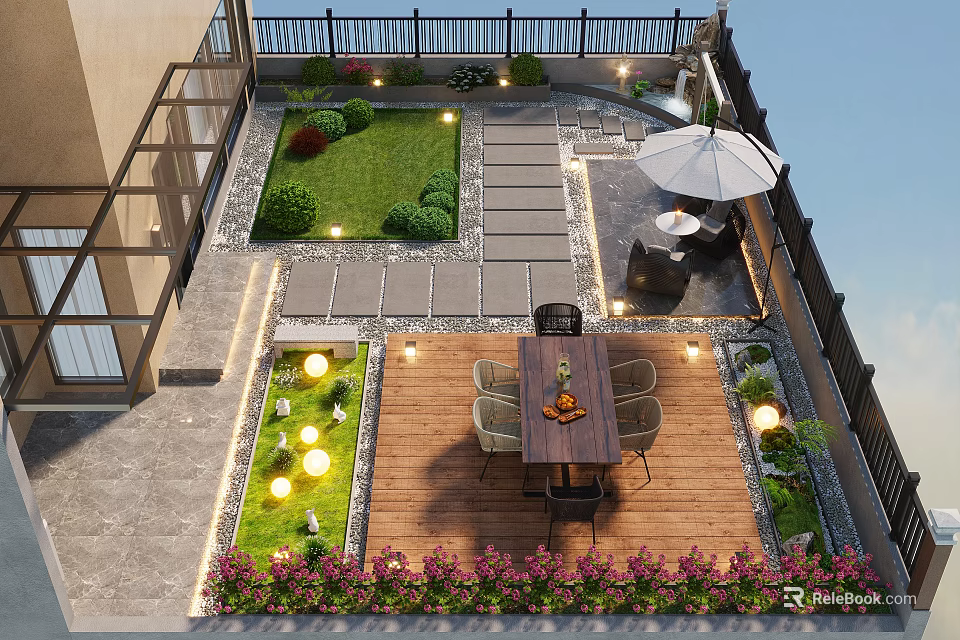 Rooftop Garden Landscape Featuring Lush Lawn Stone Pathway Wooden Deck Dining Set And Decorative Lighting 3d model 
