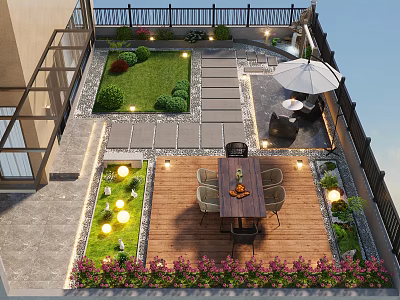 Rooftop Garden Landscape Featuring Lush Lawn Stone Pathway Wooden Deck Dining Set And Decorative Lighting 3d model