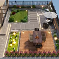 Rooftop Garden Landscape Featuring Lush Lawn Stone Pathway Wooden Deck Dining Set And Decorative Lighting