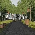 Rural Landscape With Bamboo Grove Stone Path Hanging Lanterns Wooden Fence And Bench