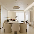 Modern Dining and Living Room Interior Design With Round Table Fabric Chairs and Pendant Light