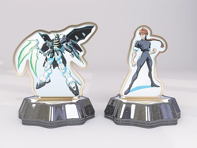 Anime Character Acrylic Stands With Mechanical And Male Figure Designs On Shiny Black Bases 3d model