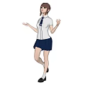 Woman In White Top Blue Pleated Skirt And Blue Necktie Posing With Open Hands