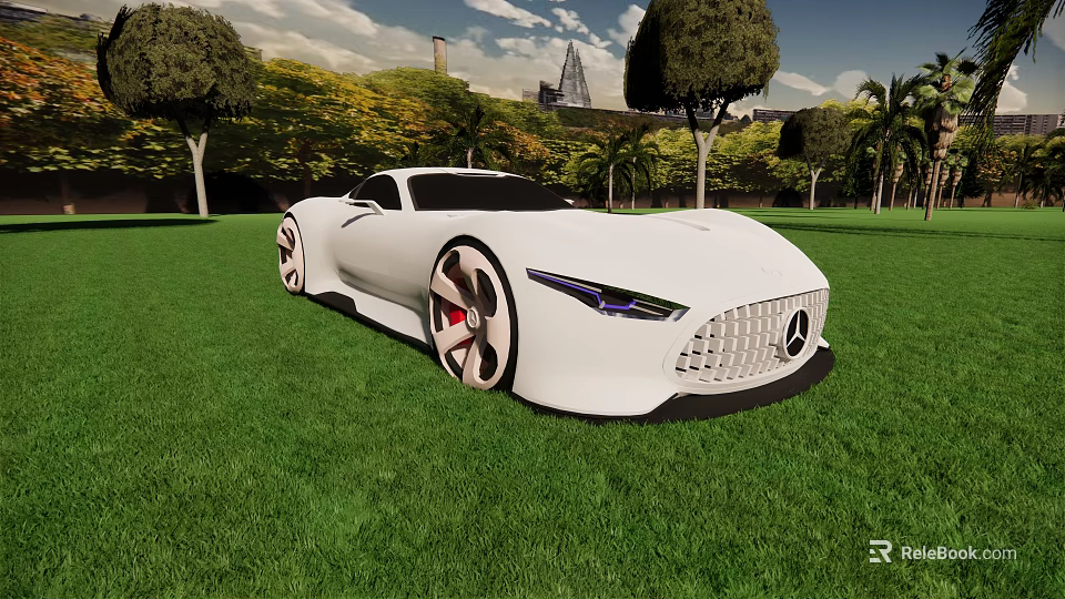 White Mercedes Sports Car Parked On Green Lawn With Trees And City View 3d model 