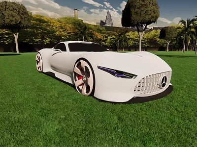 White Mercedes Sports Car Parked On Green Lawn With Trees And City View 3d model