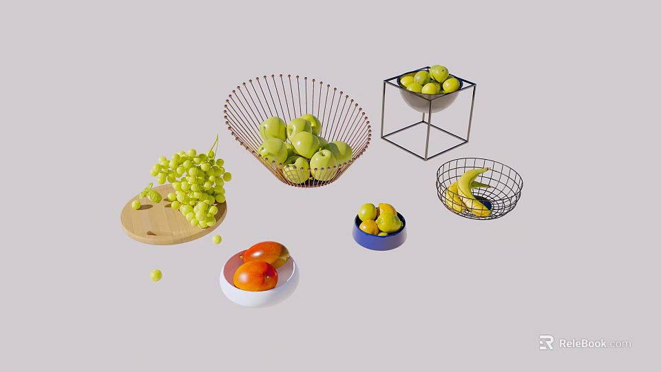 Colorful Fresh Fruits Grapes Apples Lemons Bananas Peaches In Metal Baskets Wooden Trays And Bowls 3d model 