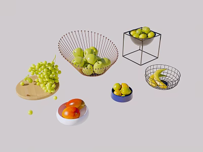 Colorful Fresh Fruits Grapes Apples Lemons Bananas Peaches In Metal Baskets Wooden Trays And Bowls 3d model