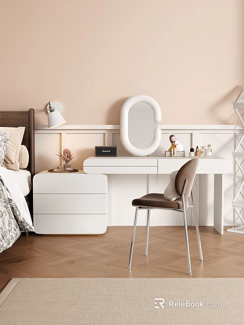 Modern White Dressing Table Bedroom With Mirror Chair And Table Lamp 3d model 