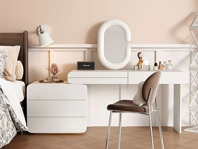 Modern White Dressing Table Bedroom With Mirror Chair And Table Lamp 3d model