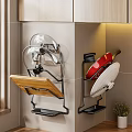 Kitchen Wall Mounted Storage Rack With Pot Lids Wooden Cutting Board And Red Pan
