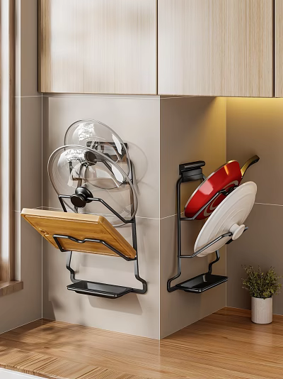 Kitchen Wall Mounted Storage Rack With Pot Lids Wooden Cutting Board And Red Pan 3d model